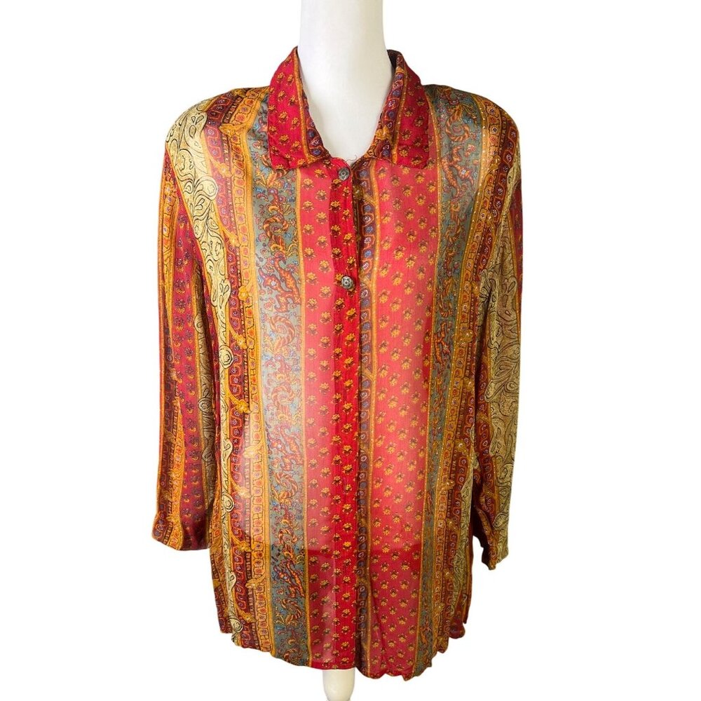 Vintage Carole Little Petites Lightweight Sheer Button Down Blouse  Size Large